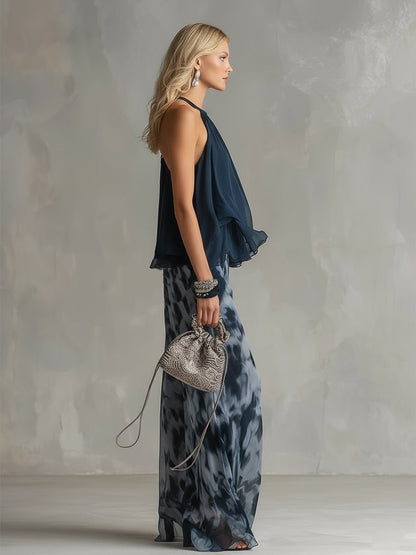 Halter Neck Ruffle Top & Wide Leg Pants Set — Marine Blue 3