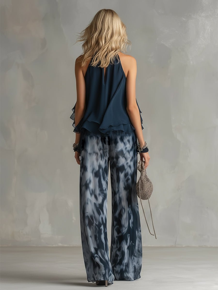 Halter Neck Ruffle Top & Wide Leg Pants Set — Marine Blue 4