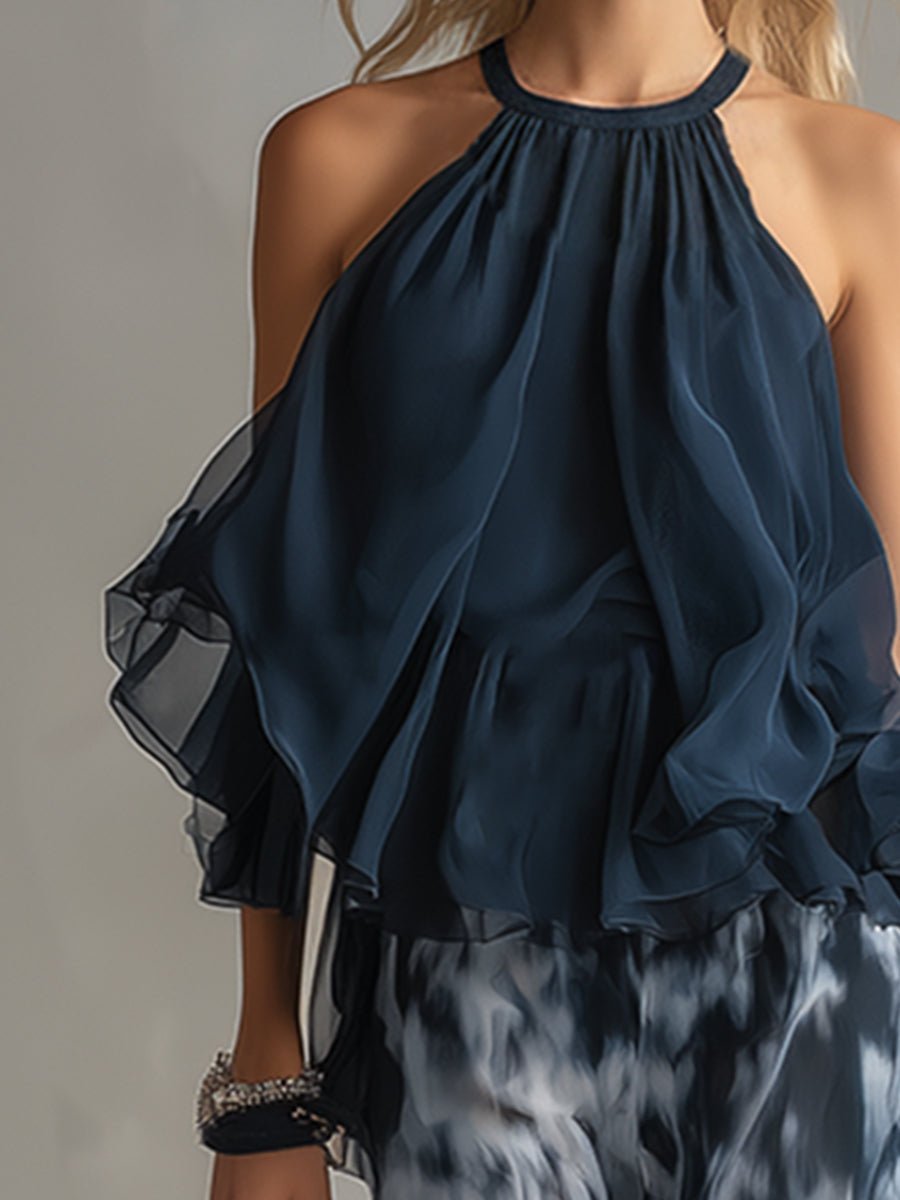 Halter Neck Ruffle Top & Wide Leg Pants Set — Marine Blue 5