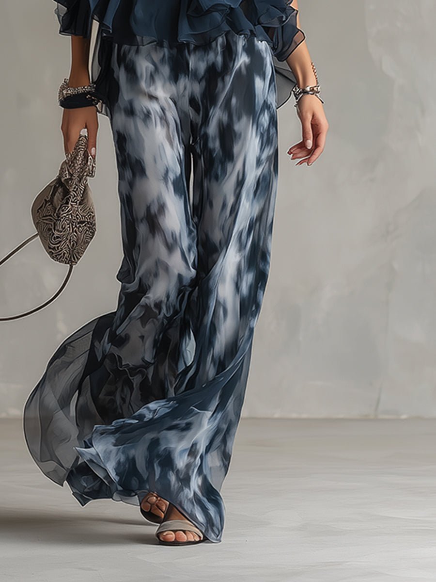 Halter Neck Ruffle Top & Wide Leg Pants Set — Marine Blue 6