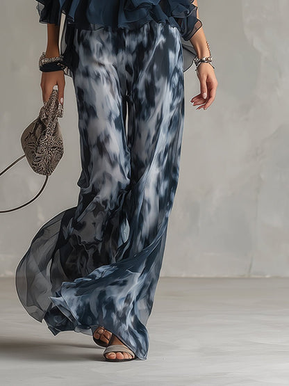 Halter Neck Ruffle Top & Wide Leg Pants Set — Marine Blue 6