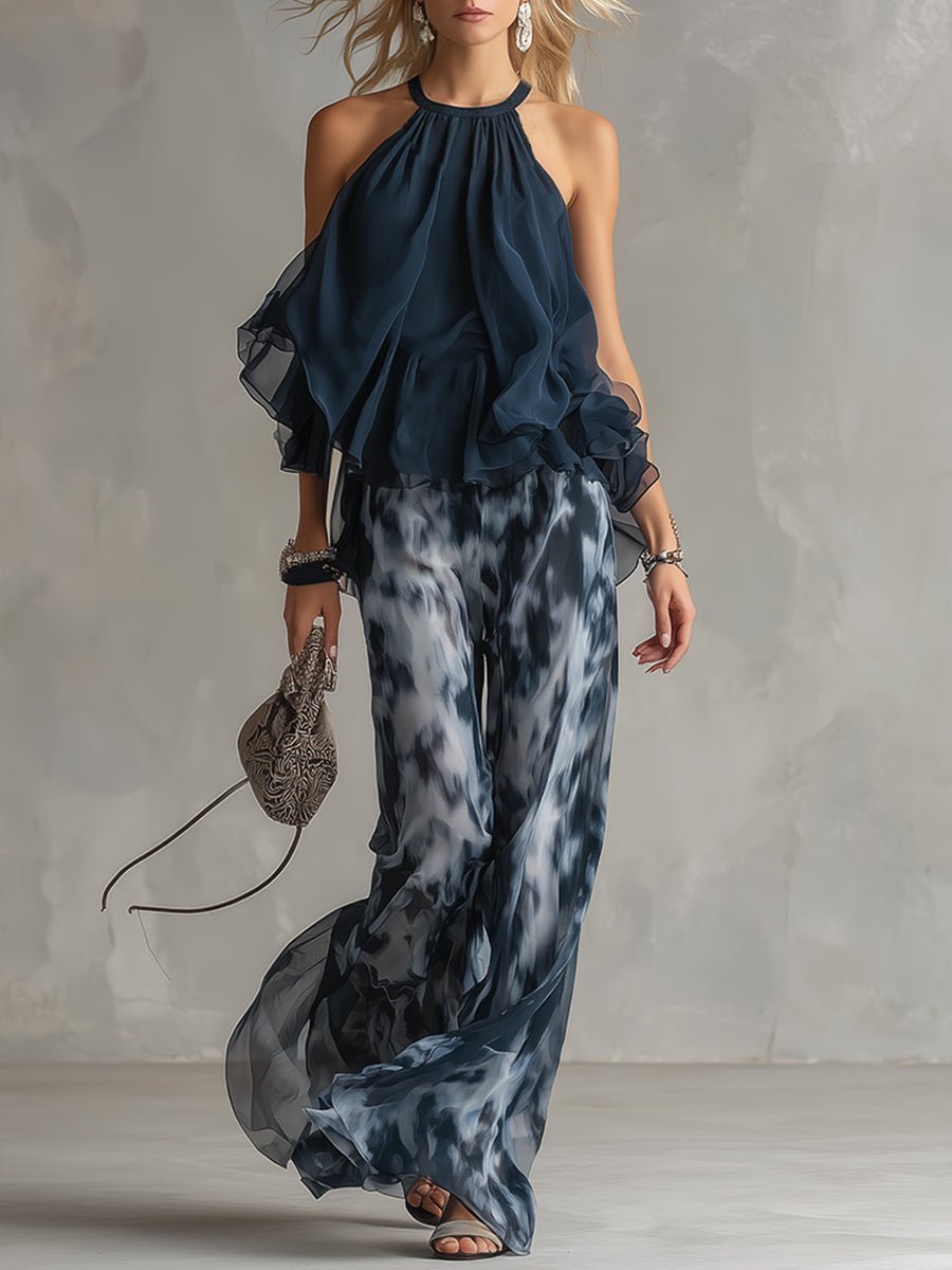 Halter Neck Ruffle Top & Wide Leg Pants Set — Marine Blue 1