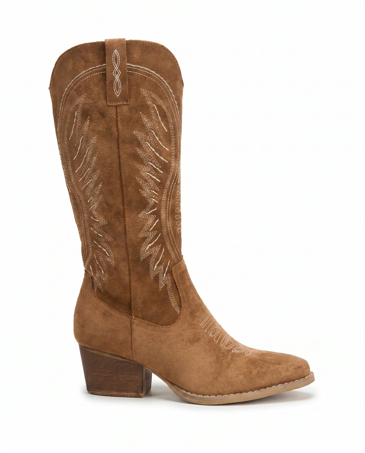 Knee-High Embroidered Cowboy Boots — Suede Block Heel 5