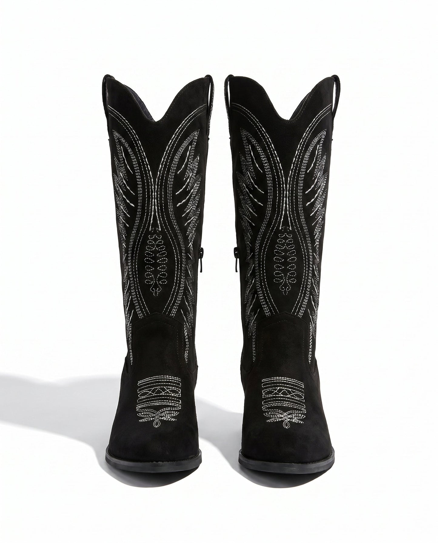 Knee-High Embroidered Cowboy Boots — Suede Block Heel 7