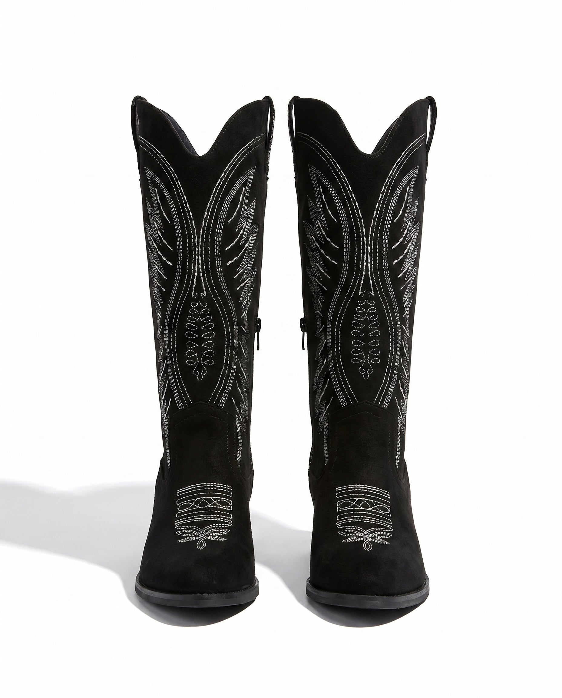 Knee-High Embroidered Cowboy Boots — Suede Block Heel 7