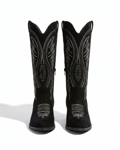 Knee-High Embroidered Cowboy Boots — Suede Block Heel 7
