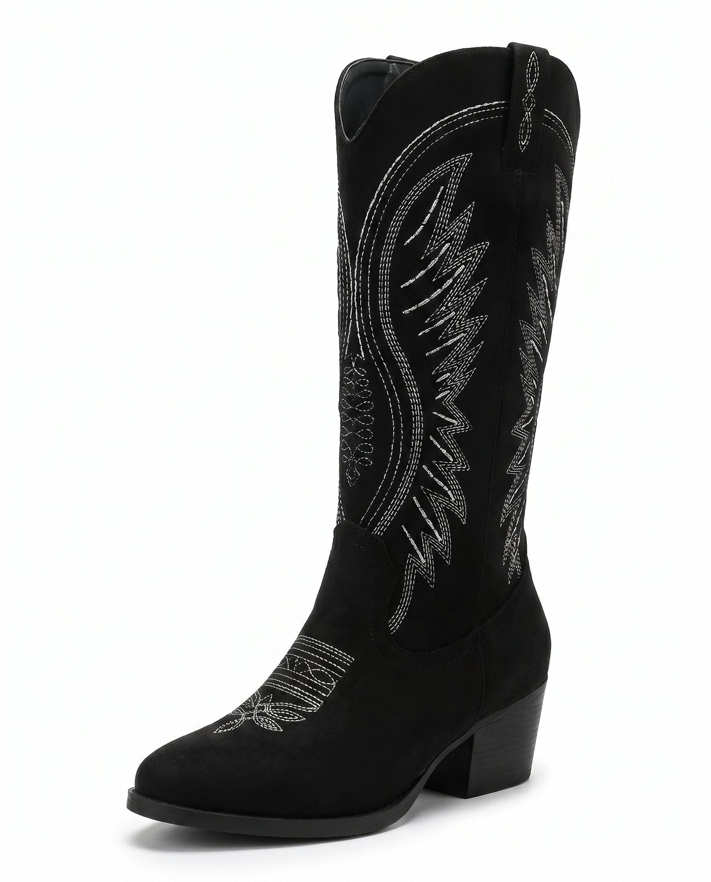 Knee-High Embroidered Cowboy Boots — Suede Block Heel 10