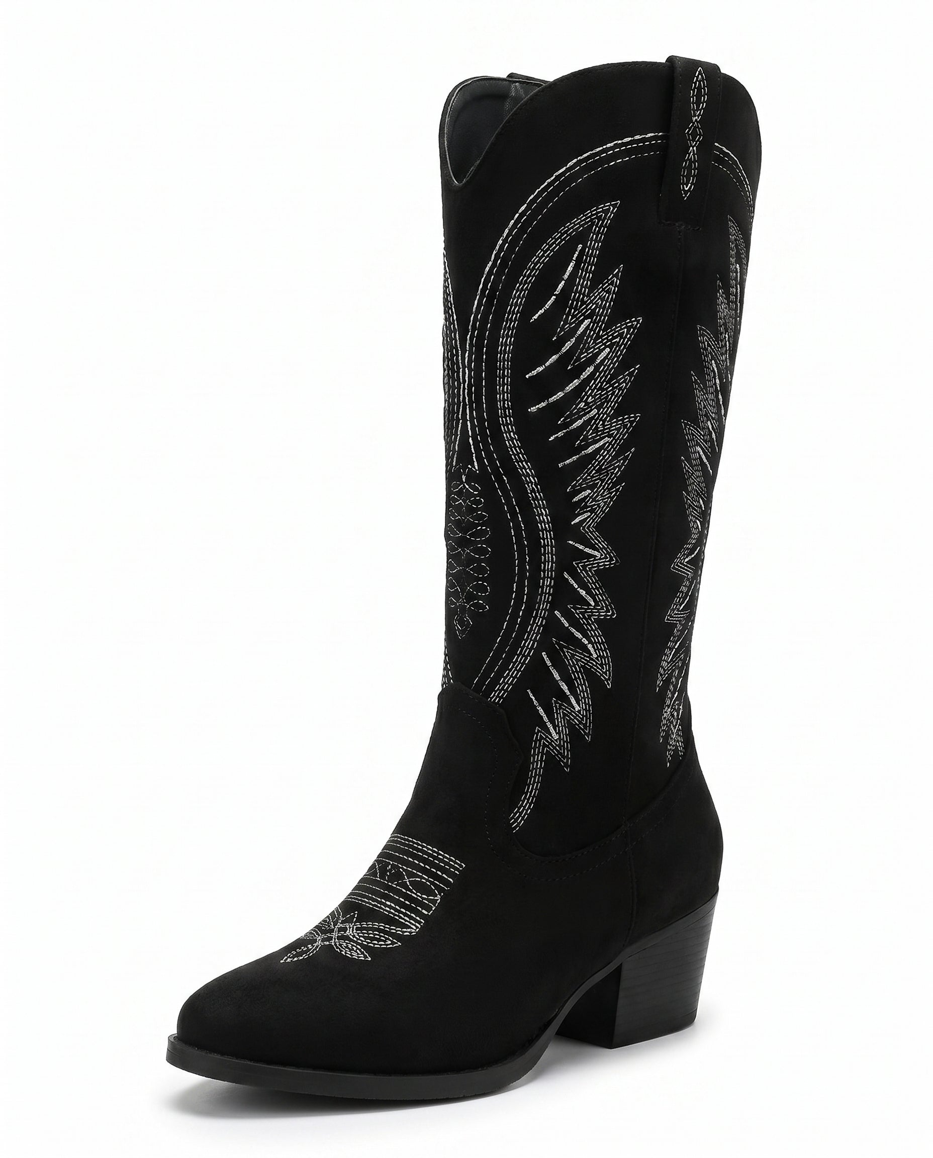 Knee-High Embroidered Cowboy Boots — Suede Block Heel 10
