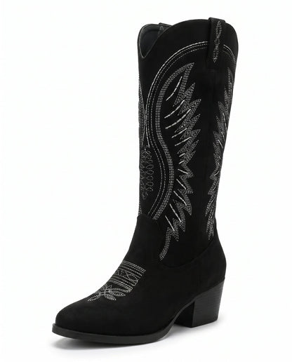 Knee-High Embroidered Cowboy Boots — Suede Block Heel 10