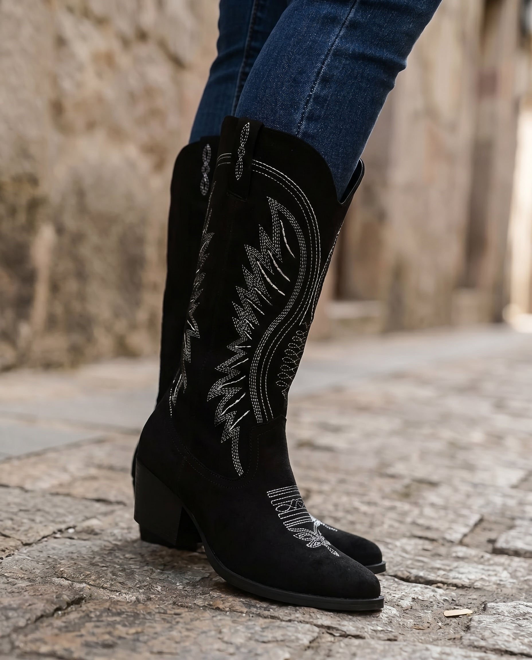 Knee-High Embroidered Cowboy Boots — Suede Block Heel 11