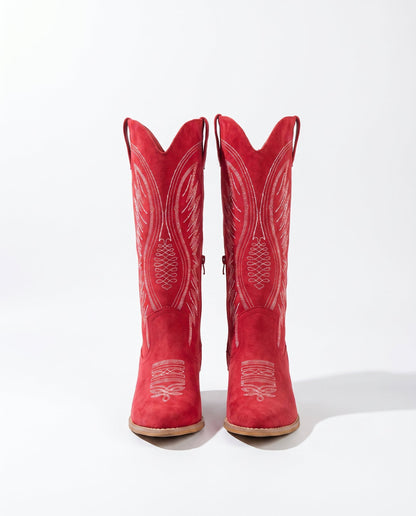 Knee-High Embroidered Cowboy Boots — Suede Block Heel 12