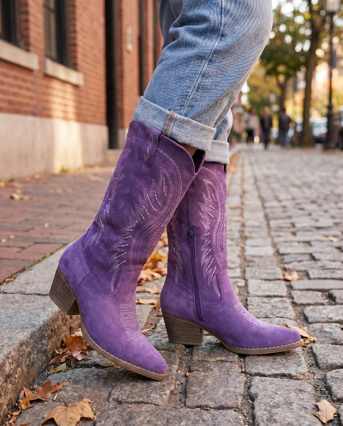 Knee-High Embroidered Cowboy Boots — Suede Block Heel 20