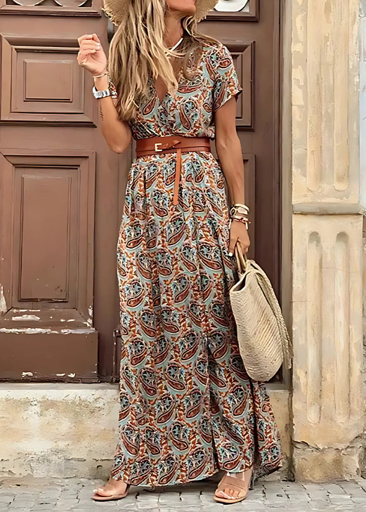 Boho V-Neck Maxi Dress with Belt & Front Split 5