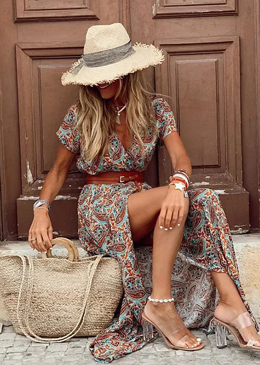 Boho V-Neck Maxi Dress with Belt & Front Split 7
