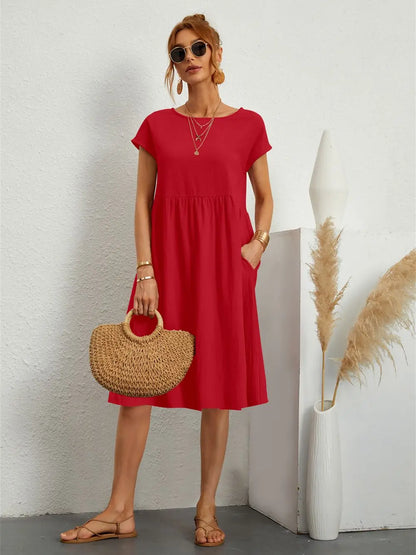 Women's Casual Midi Dress Short Sleeve with Side Pockets 1