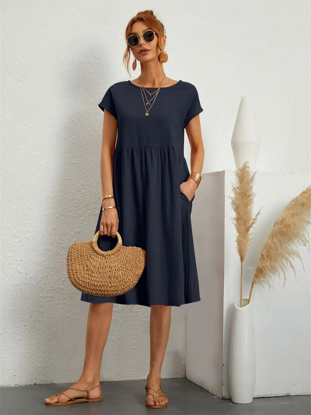 Women's Casual Midi Dress Short Sleeve with Side Pockets 5