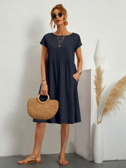 Women's Casual Midi Dress Short Sleeve with Side Pockets 5