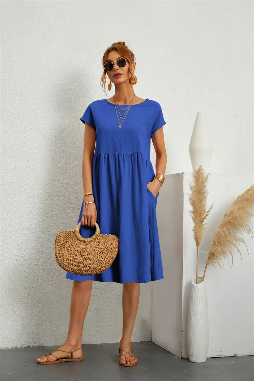 Women's Casual Midi Dress Short Sleeve with Side Pockets 8