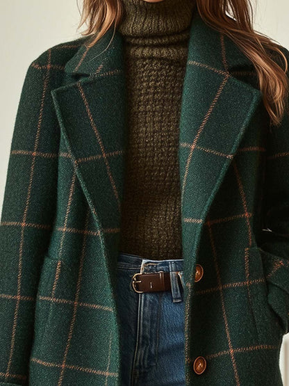 Retro Tweed Check Coat — Wool-Blend Lapel Collar Women 2