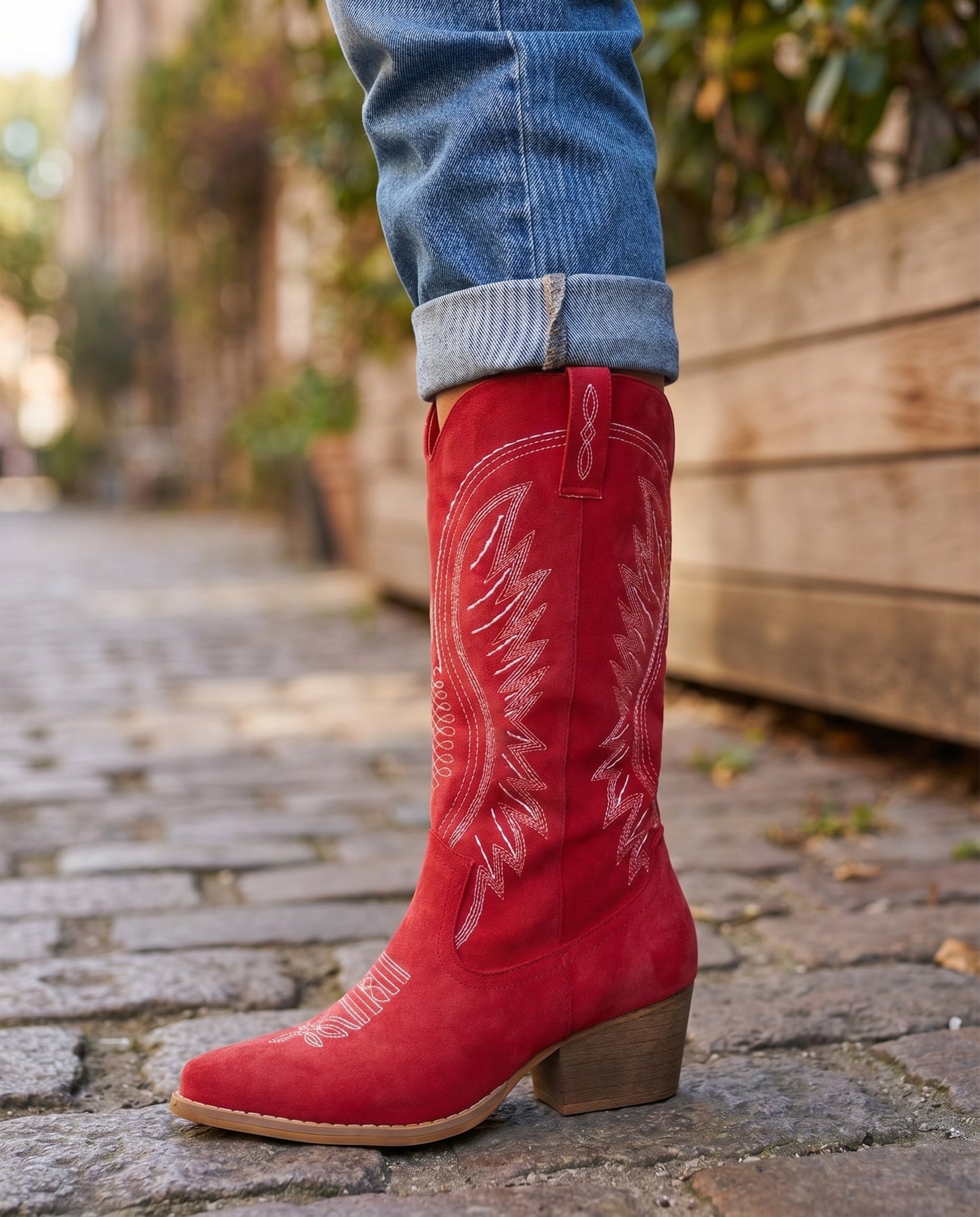 Knee-High Embroidered Cowboy Boots — Suede Block Heel 16