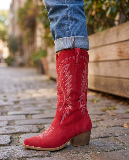 Knee-High Embroidered Cowboy Boots — Suede Block Heel 16