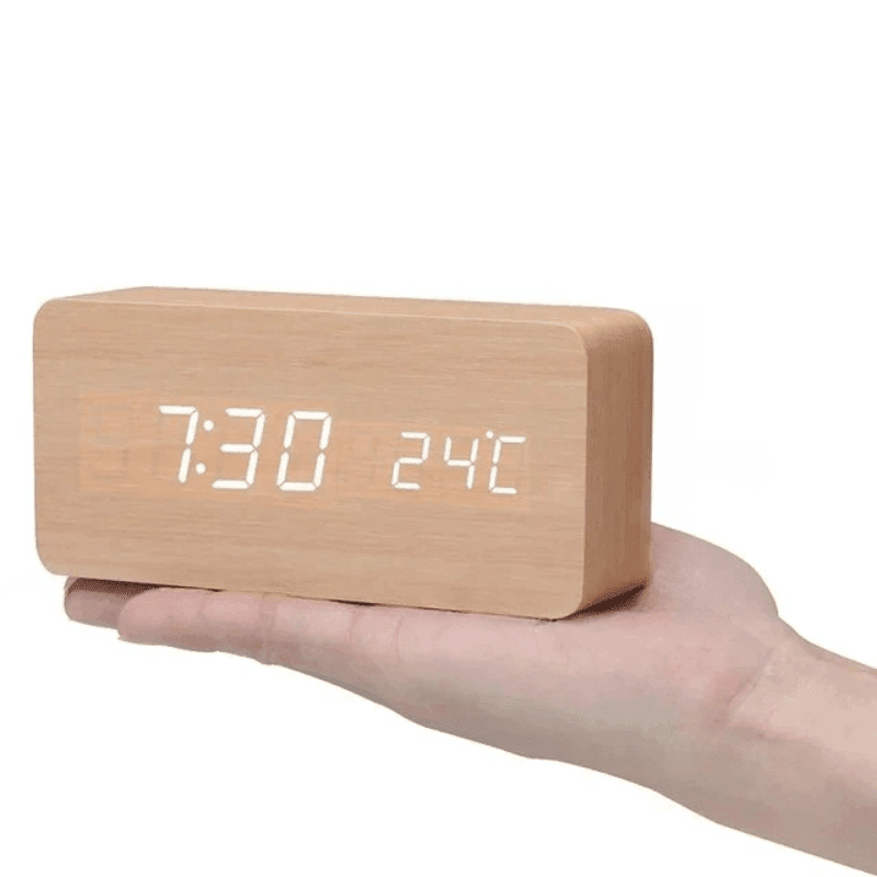 LED Wooden Desk Clock — Voice Control & Alarm Function 15
