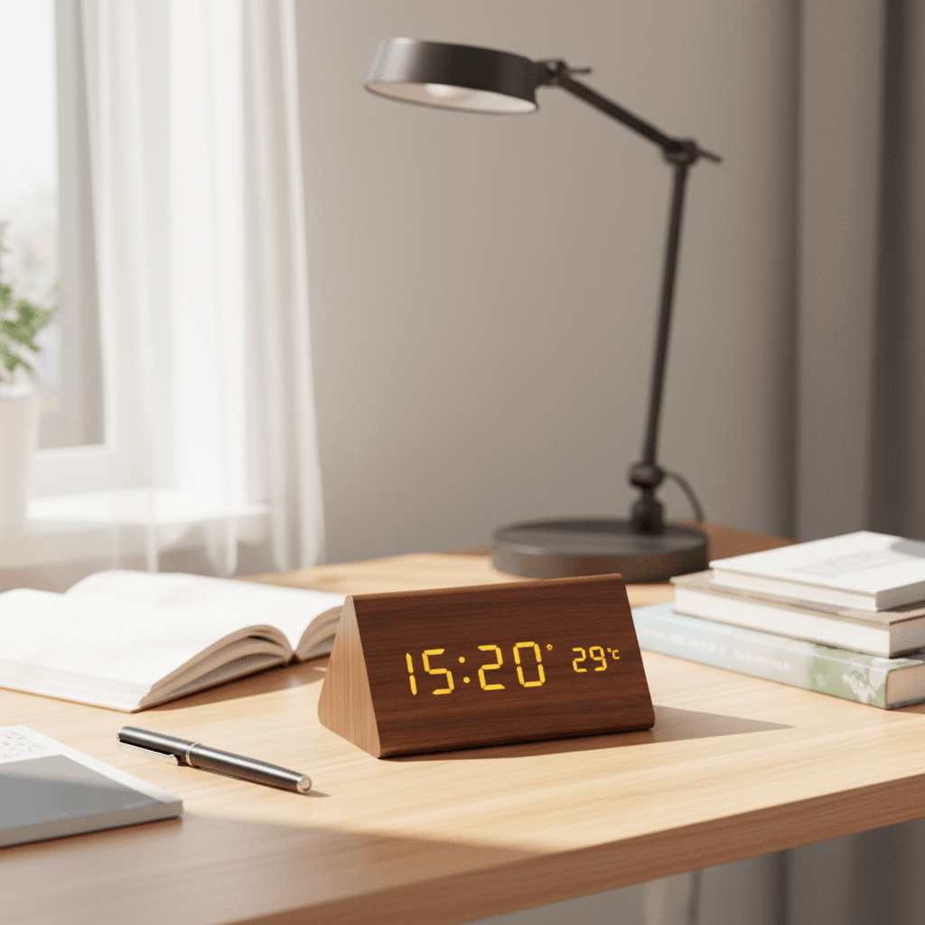 LED Wooden Desk Clock — Voice Control & Alarm Function 2