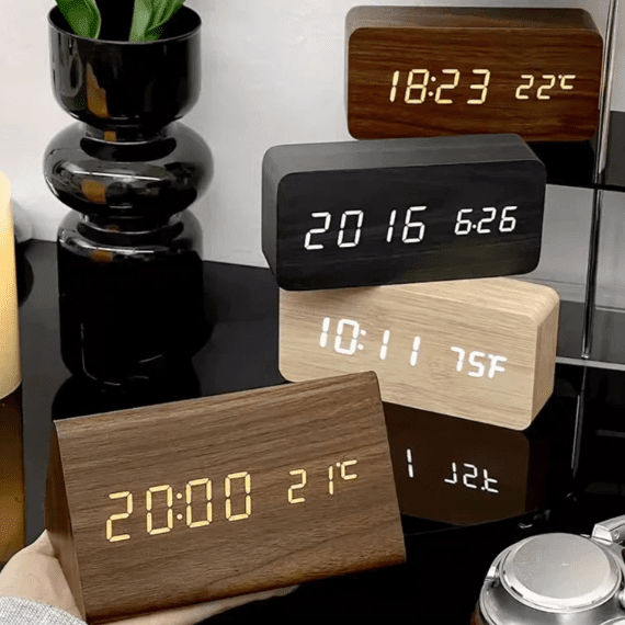 LED Wooden Desk Clock — Voice Control & Alarm Function 4