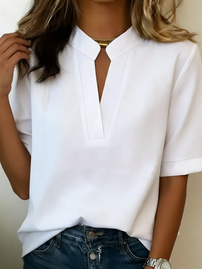 Mandarin Collar Blouse with V-Neck Split & Cuffed Sleeves 2