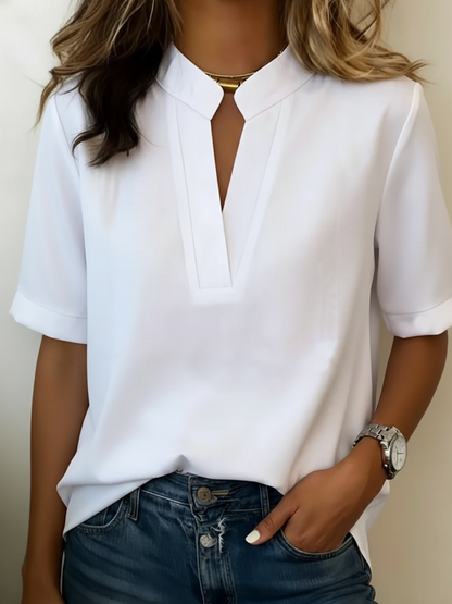 Mandarin Collar Blouse with V-Neck Split & Cuffed Sleeves 1