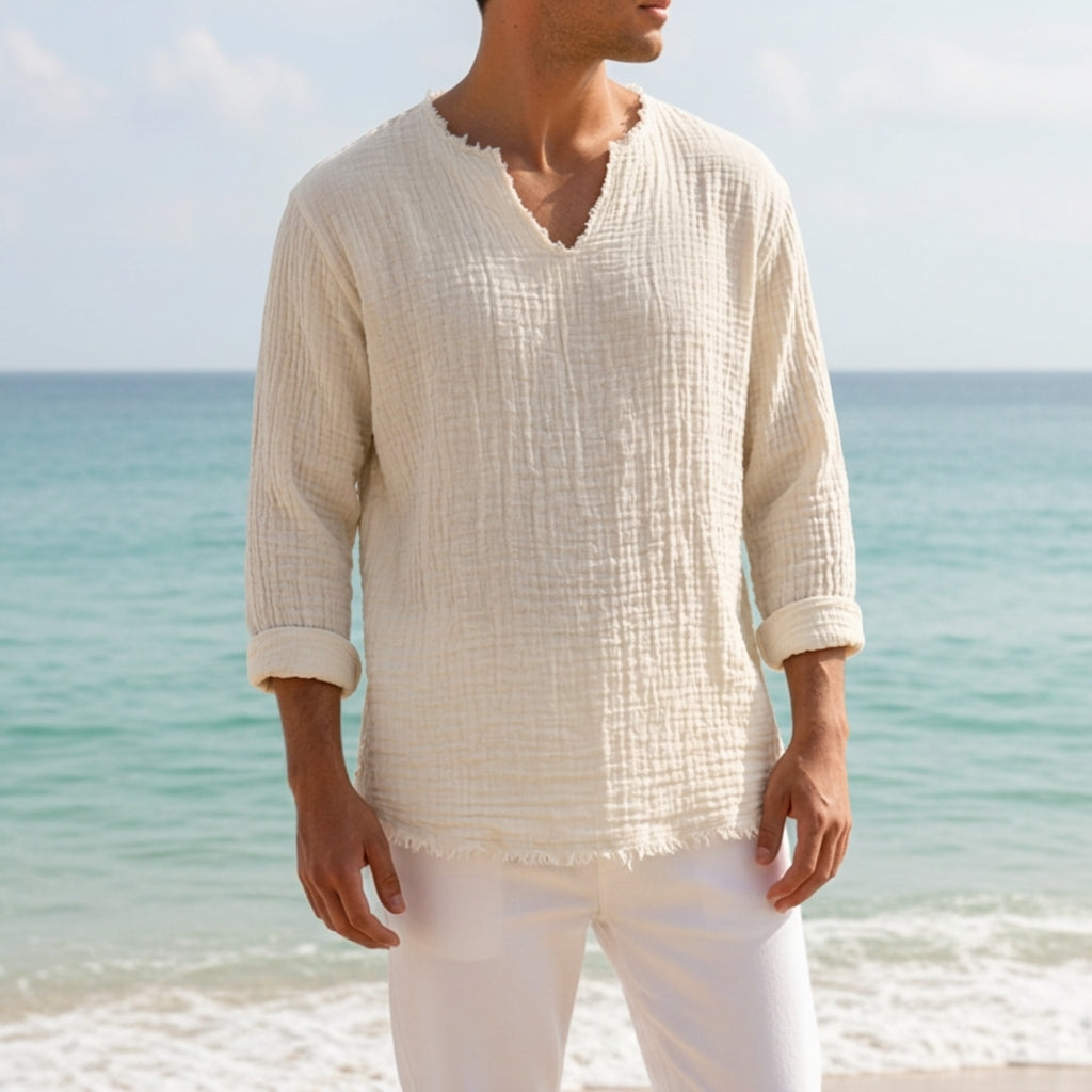 Men's Linen V-Neck T-Shirt — Relaxed Fit with Roll-Tab Sleeves 3