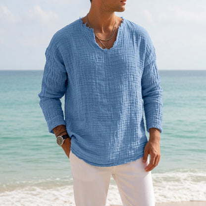Men's Linen V-Neck T-Shirt — Relaxed Fit with Roll-Tab Sleeves 4