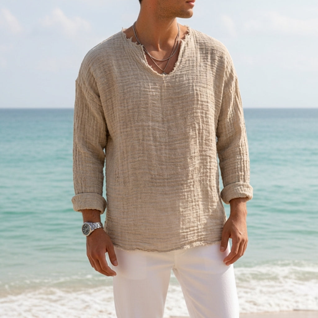 Men's Linen V-Neck T-Shirt — Relaxed Fit with Roll-Tab Sleeves 5