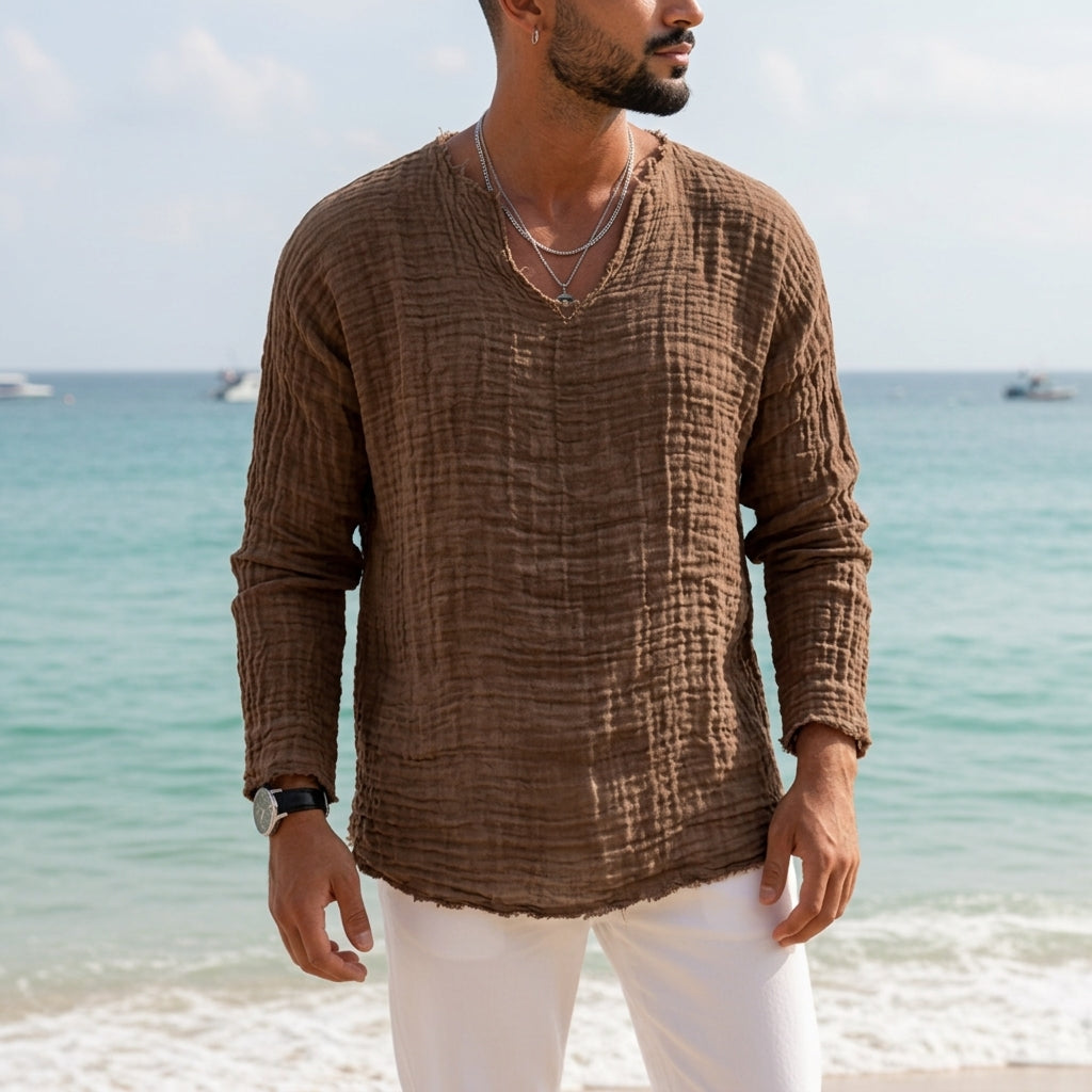 Men's Linen V-Neck T-Shirt — Relaxed Fit with Roll-Tab Sleeves 6