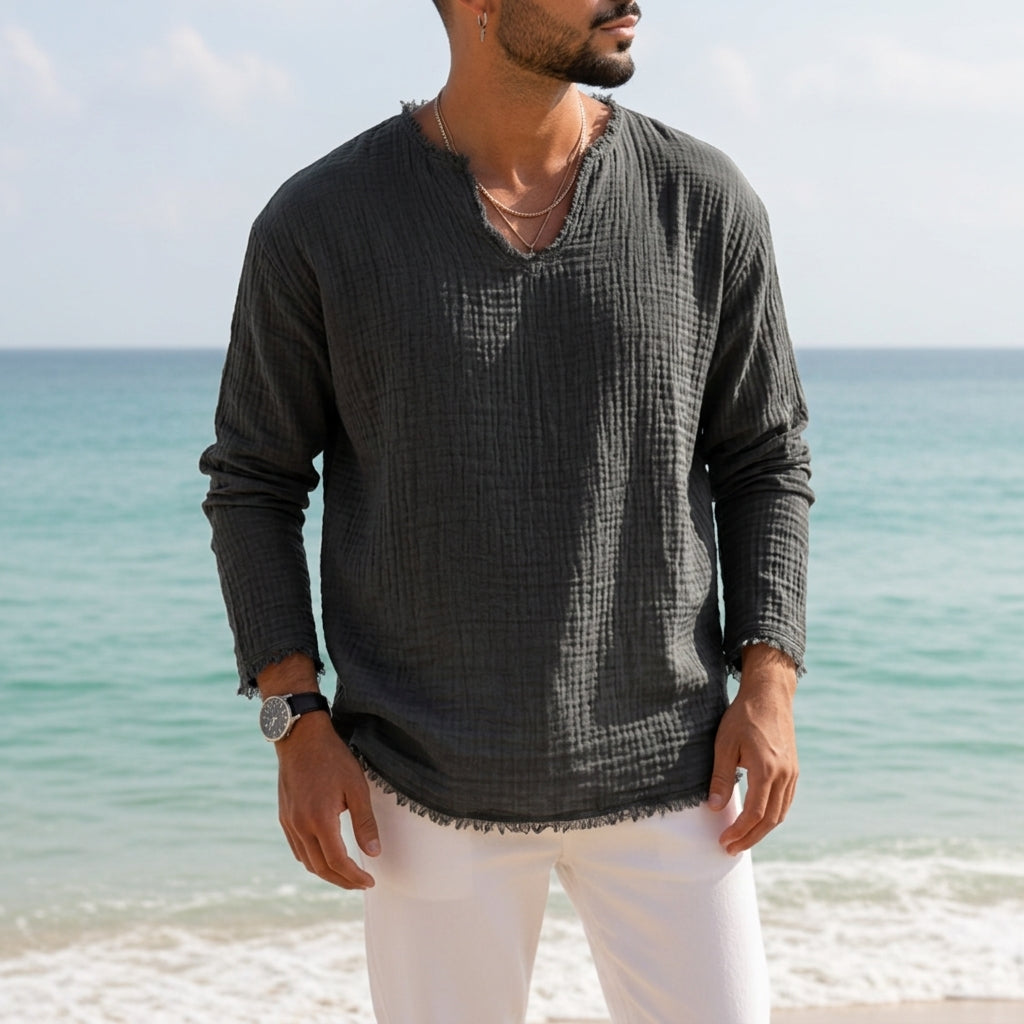 Men's Linen V-Neck T-Shirt — Relaxed Fit with Roll-Tab Sleeves 1