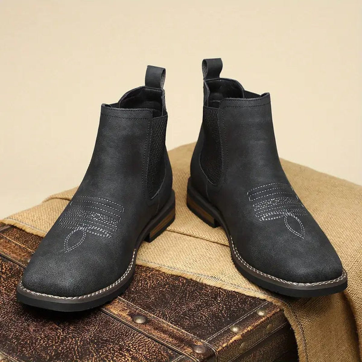 Men's Western Chelsea Slip-On Ankle Boots — Block Heel 14