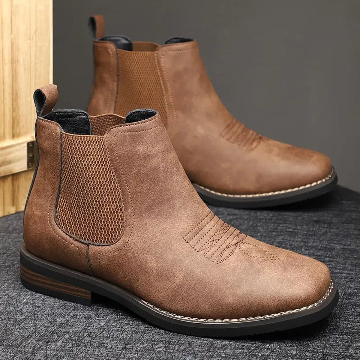 Men's Western Chelsea Slip-On Ankle Boots — Block Heel 4
