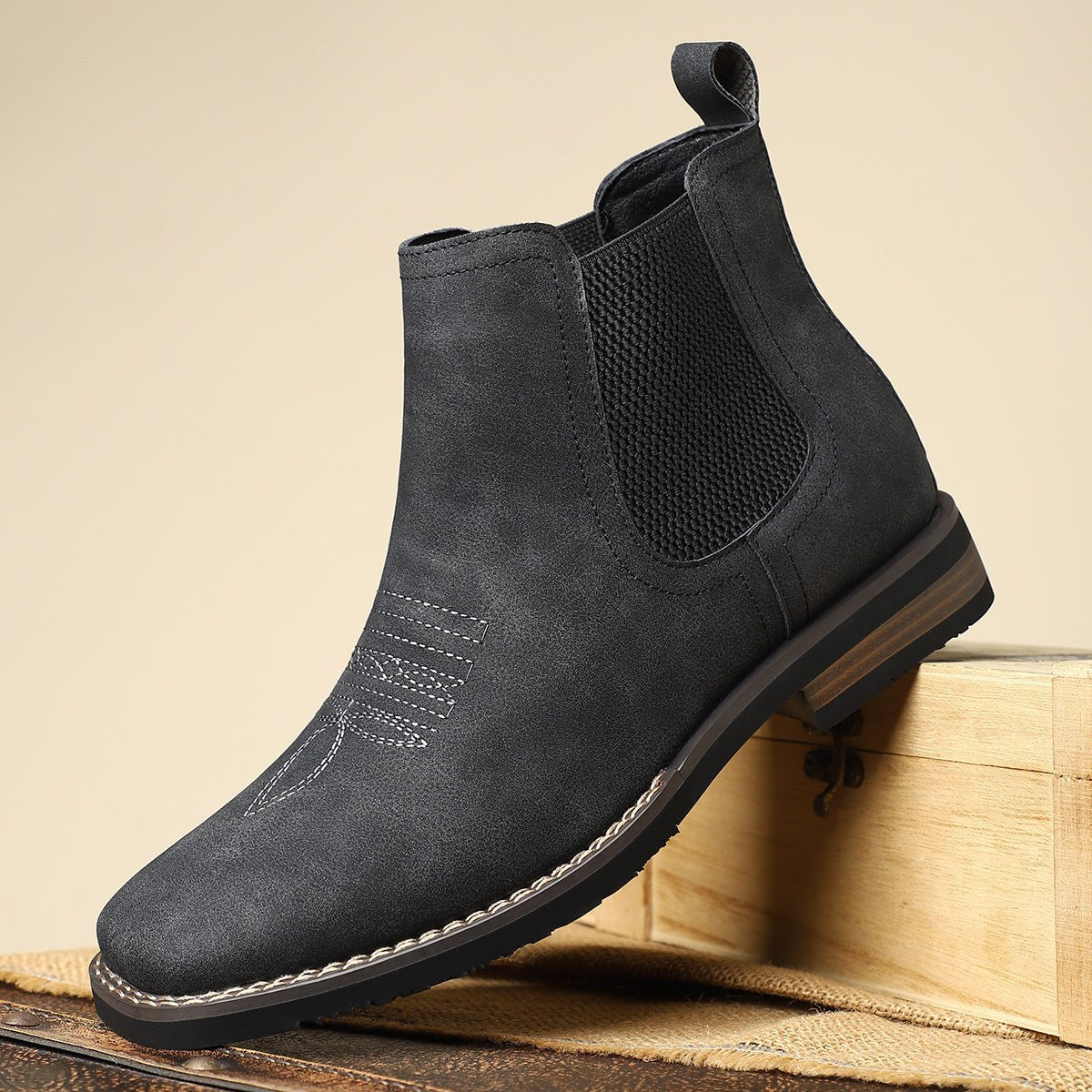 Men's Western Chelsea Slip-On Ankle Boots — Block Heel 5