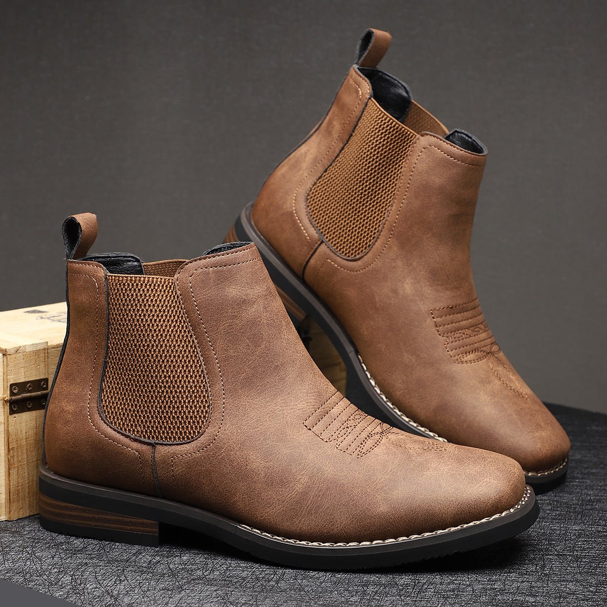 Men's Western Chelsea Slip-On Ankle Boots — Block Heel 7