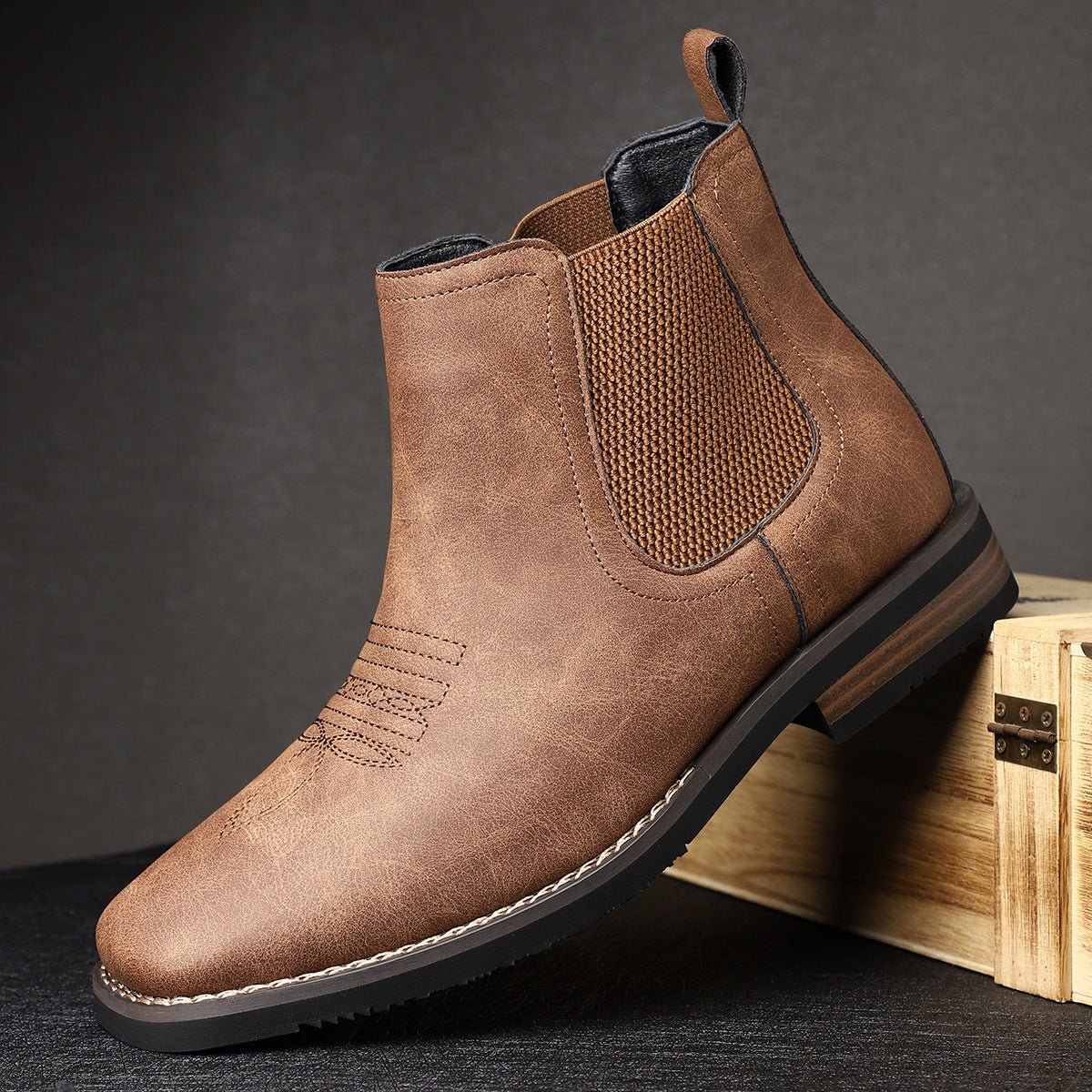 Men's Western Chelsea Slip-On Ankle Boots — Block Heel 8