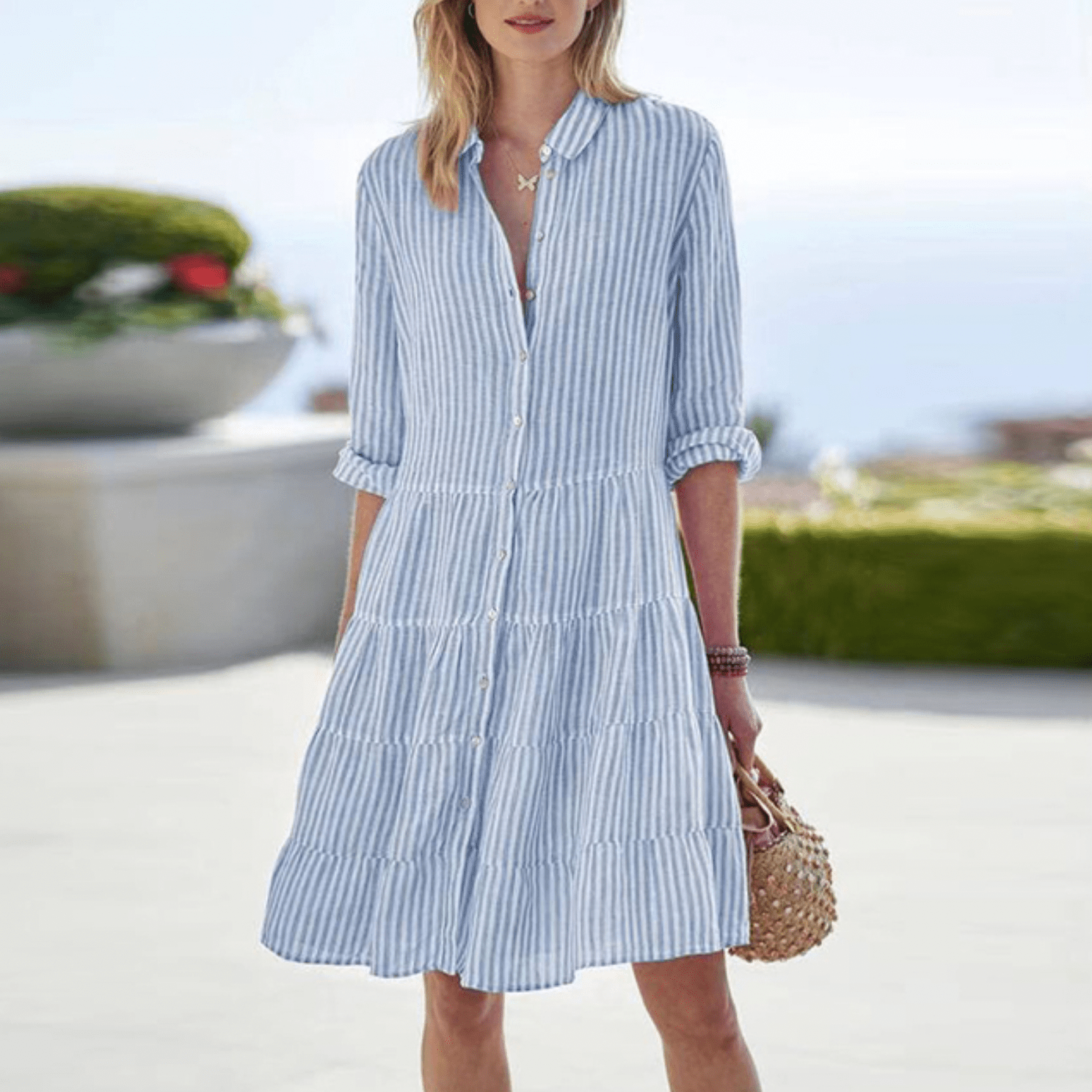 Striped Button-Front Mini Dress with Tiered Skirt & Collar 5