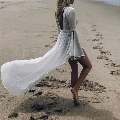 Open Back Bell Sleeve Maxi Dress — Boho A-Line White 3