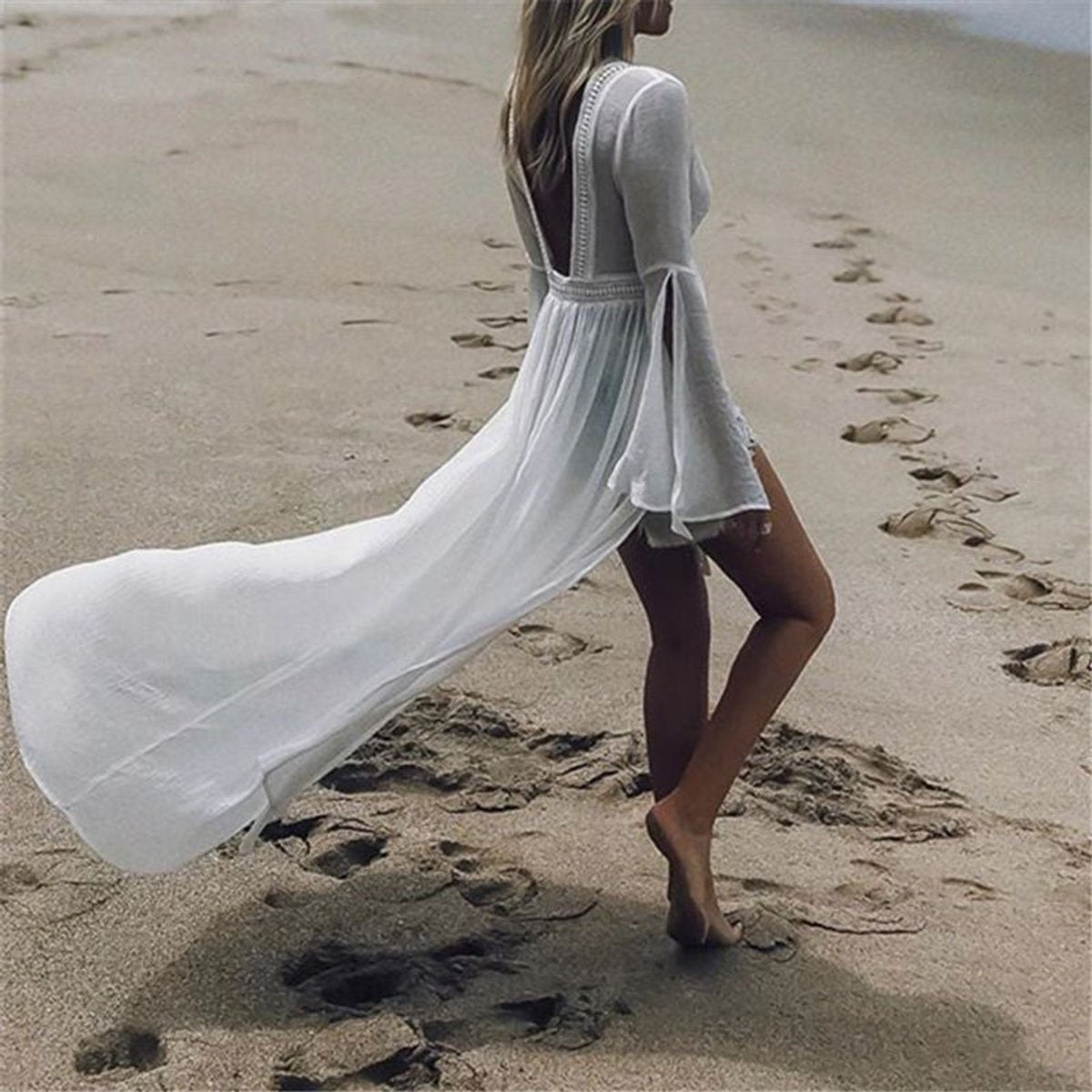 Open Back Bell Sleeve Maxi Dress — Boho A-Line White 6