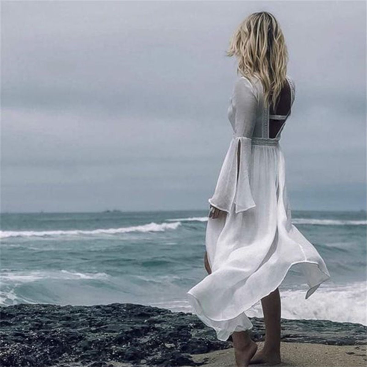 Open Back Bell Sleeve Maxi Dress — Boho A-Line White 7