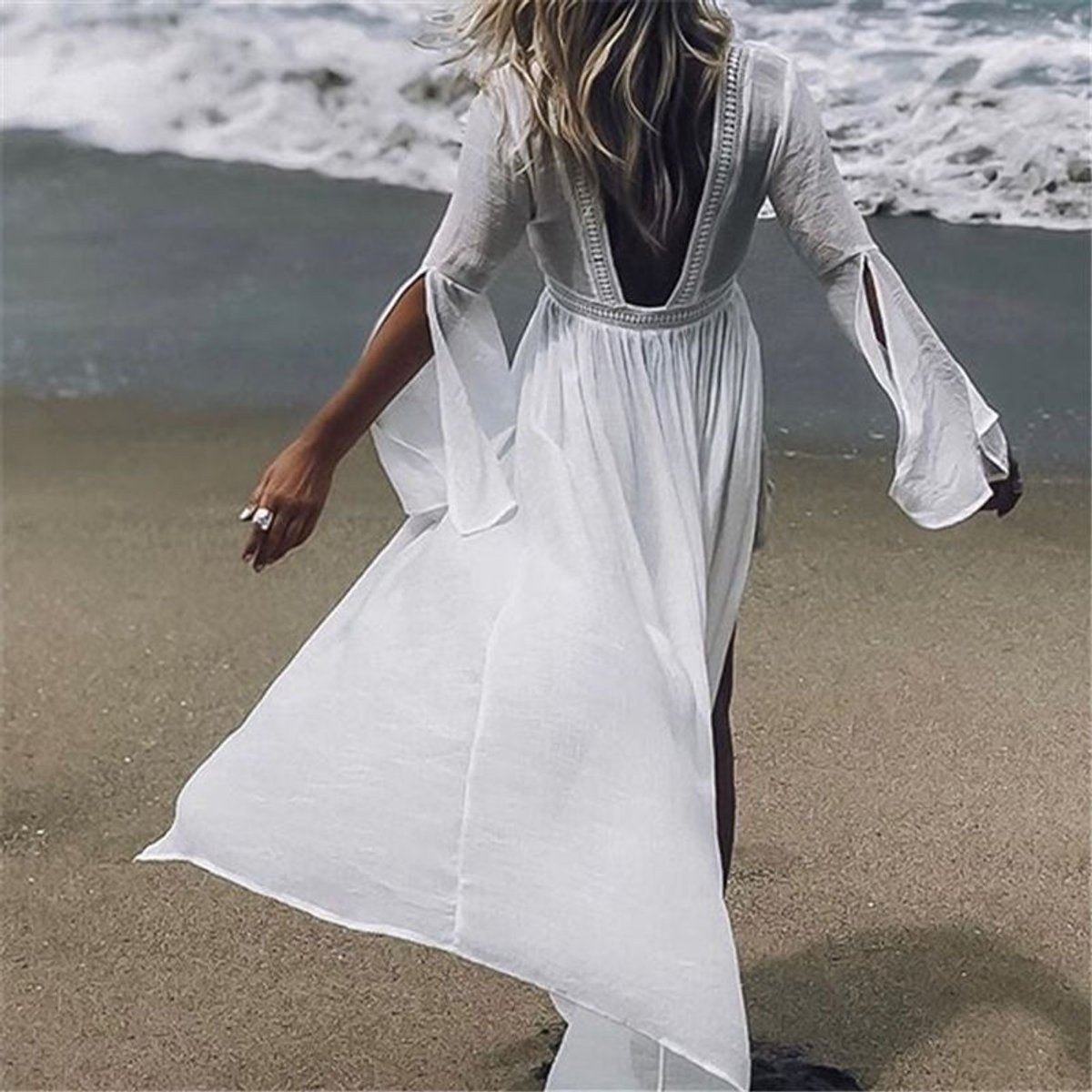 Open Back Bell Sleeve Maxi Dress — Boho A-Line White 1