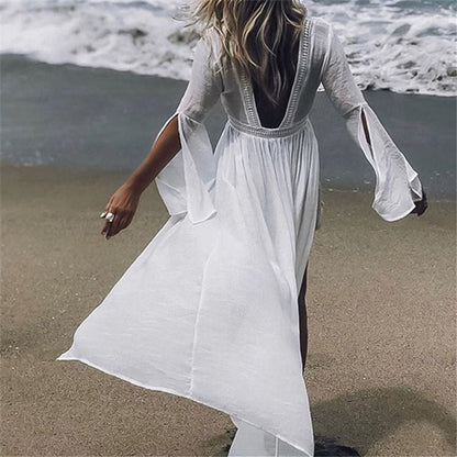 Open Back Bell Sleeve Maxi Dress — Boho A-Line White 1