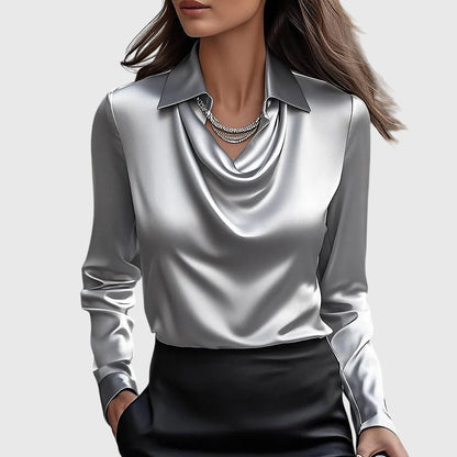 Pleated Neckline Satin Blouse — Flowing Fit XS to 3XL 2