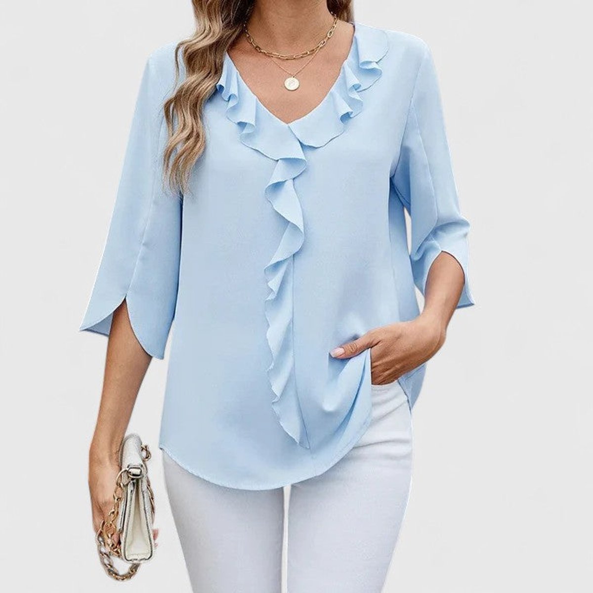 Women's Ruffle V-Neck Blouse — 3/4 Sleeve Cascading Front 1