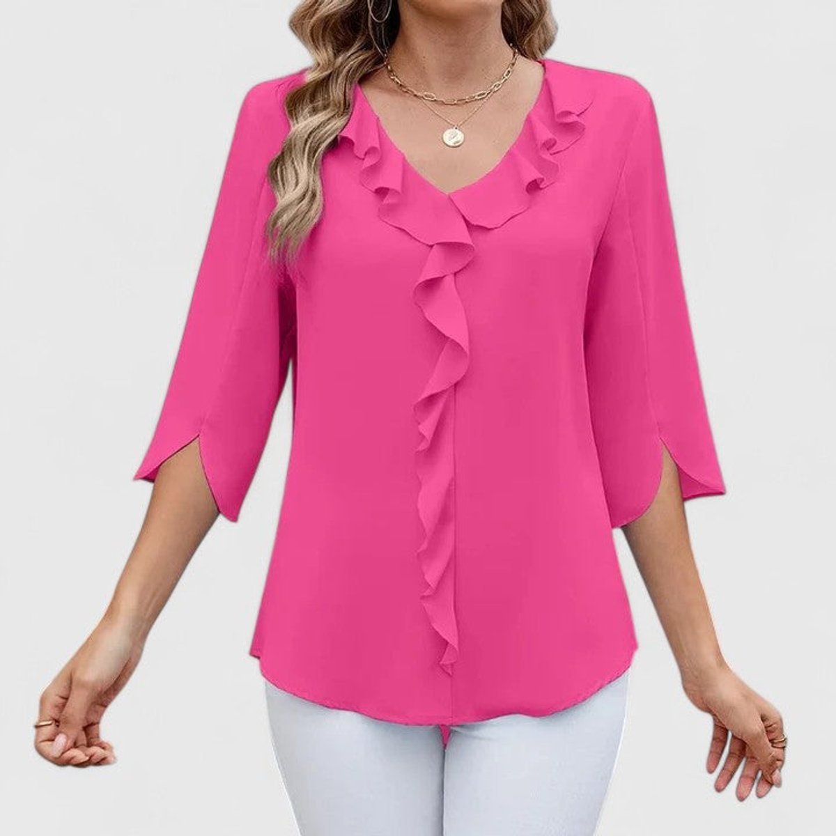 Women's Ruffle V-Neck Blouse — 3/4 Sleeve Cascading Front 10