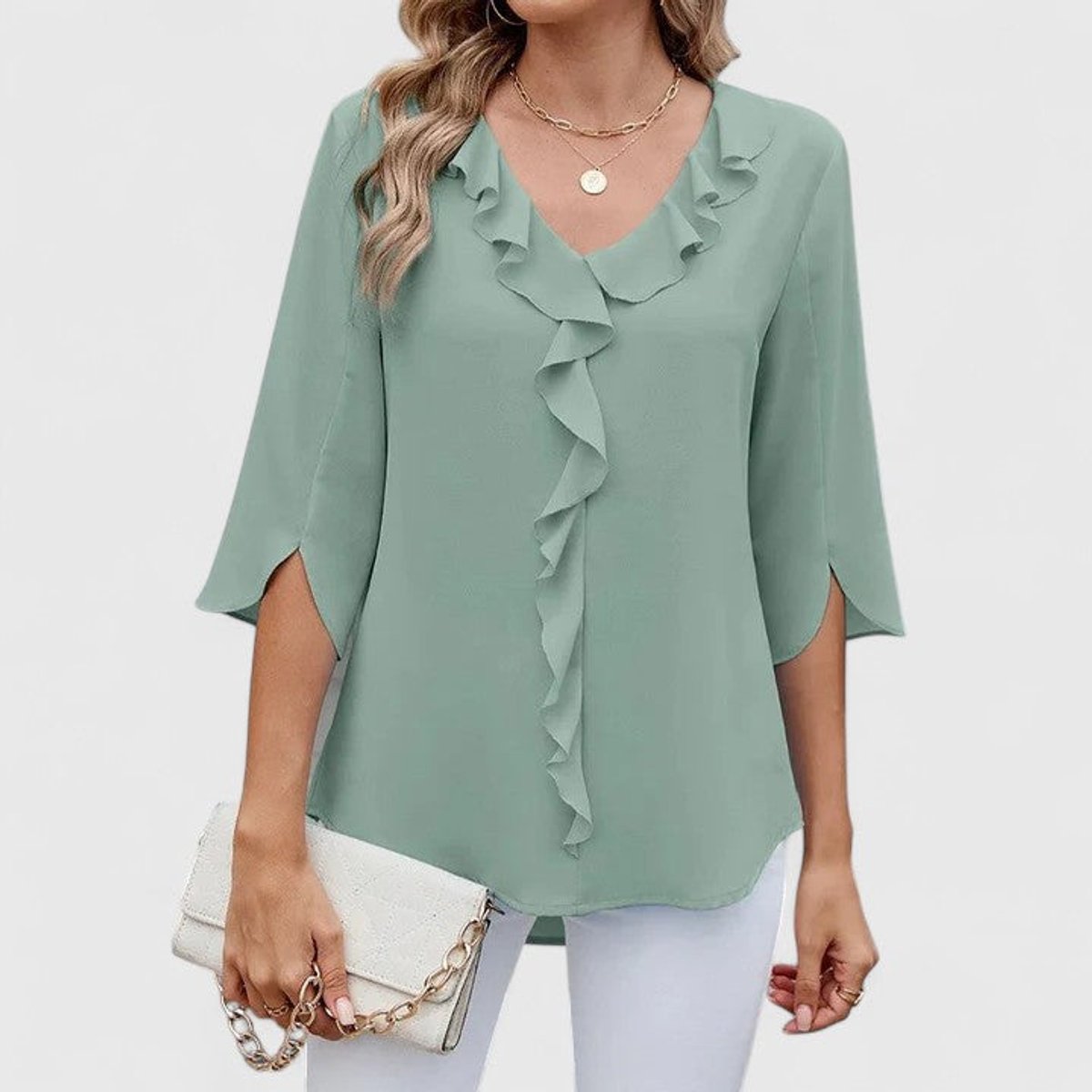 Women's Ruffle V-Neck Blouse — 3/4 Sleeve Cascading Front 11